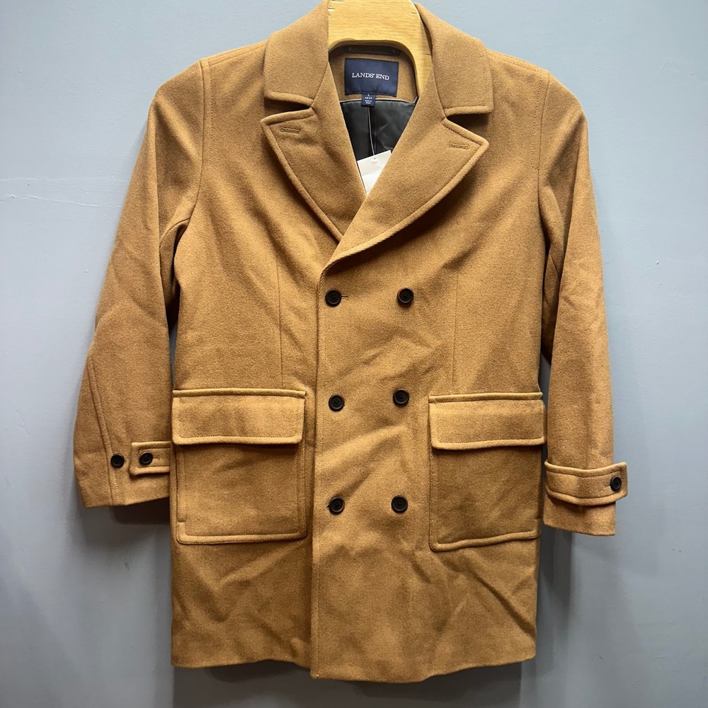 Lands' End Wool Blend Double Breasted Overcoat Vicuna Camel Mens L 42-44 NWOT - Picture 1 of 8